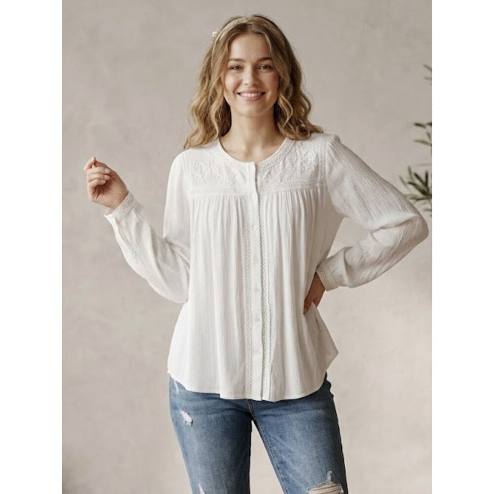 Cafe Marrakesh White Embroidered Boho Blouse Size S Lace Trim Button Front